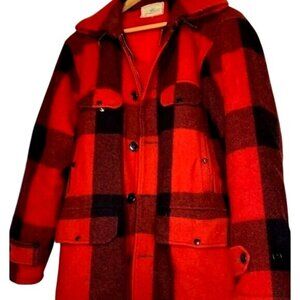Vintage Johnson Mens Red Black Plaid Wool Hunting Jacket With Hood Multiple Pock
